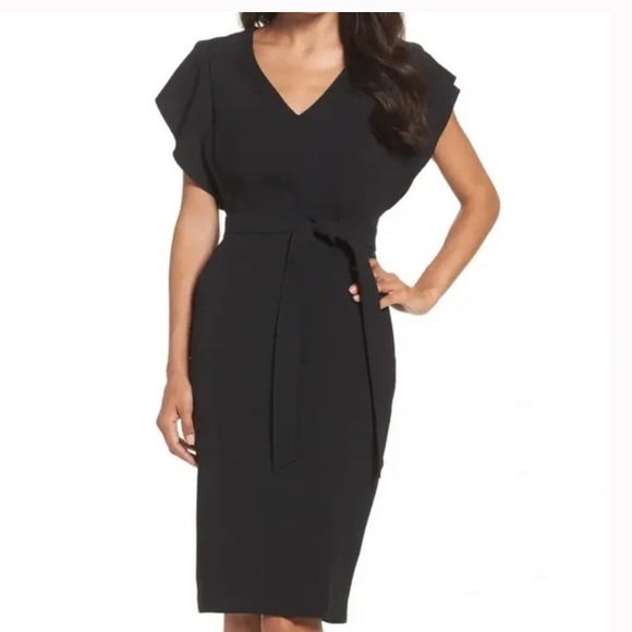Eliza J Black Flutter Sleeve Belted Dress Size 10 NWT - Picture 1 of 5